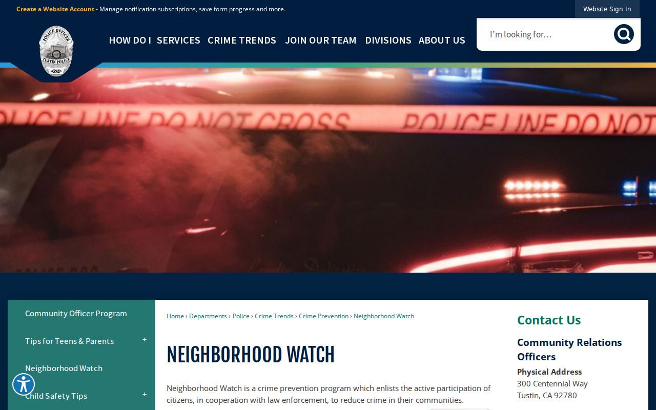 Tustin neighbors Neighborhood Watch contacts