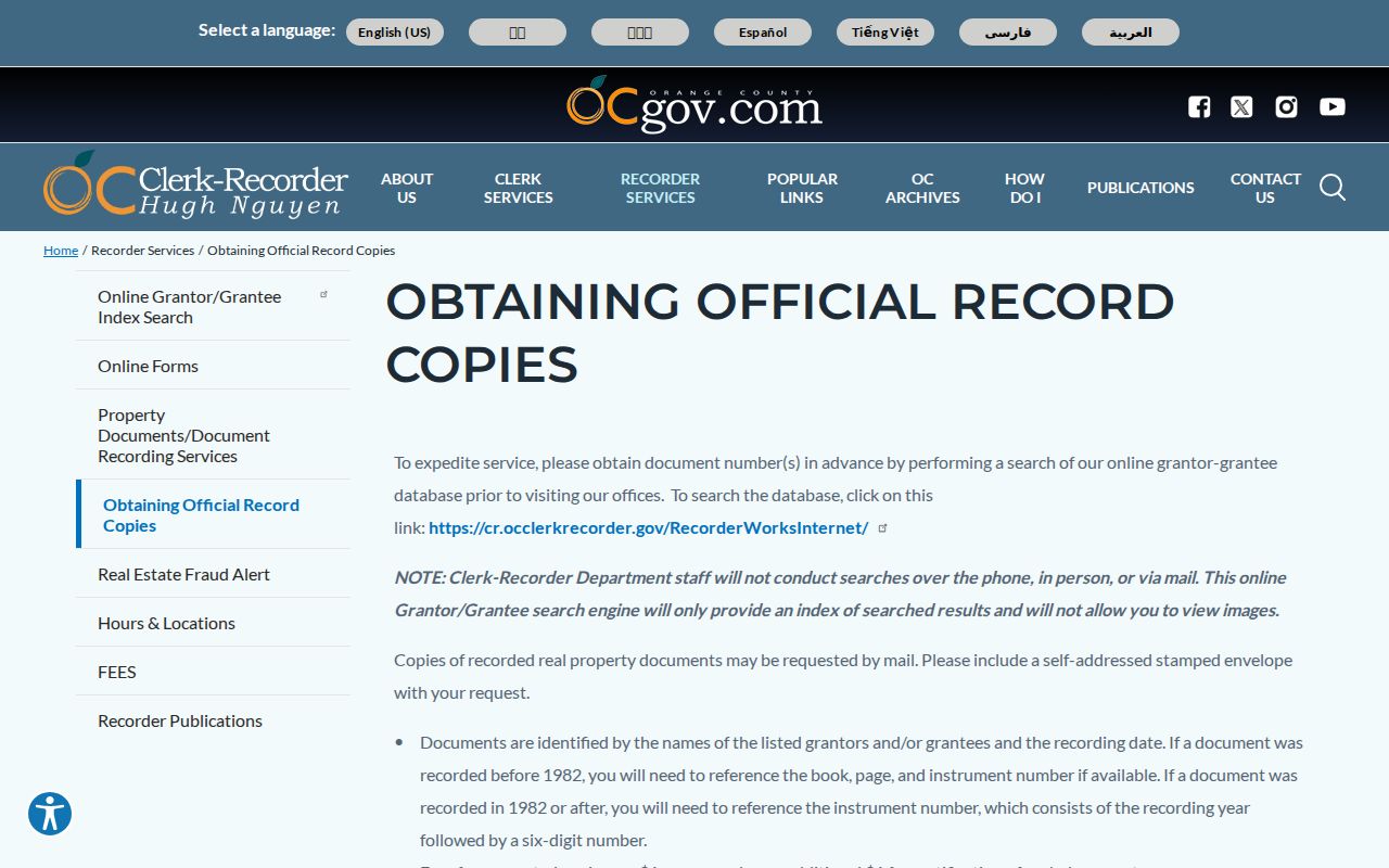 Tustin previous residents Orange County official recorded document copies